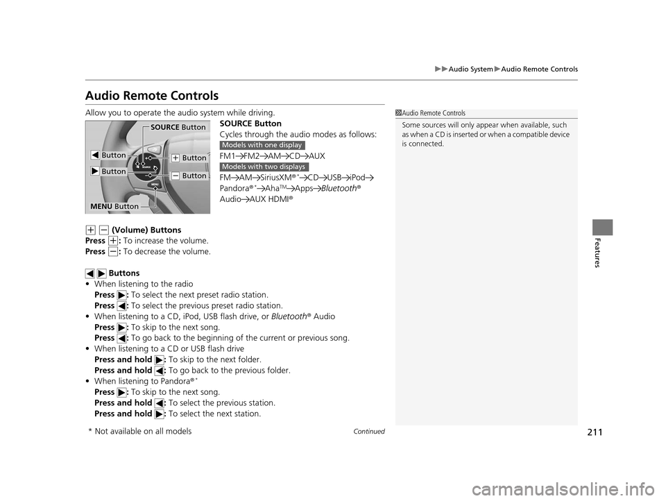 HONDA CR-V 2015 RM1, RM3, RM4 / 4.G Owners Manual 211
uuAudio System uAudio Remote Controls
Continued
Features
Audio Remote Controls
Allow you to operate the au dio system while driving.
SOURCE Button
Cycles through the audio modes as follows:
FM1 FM