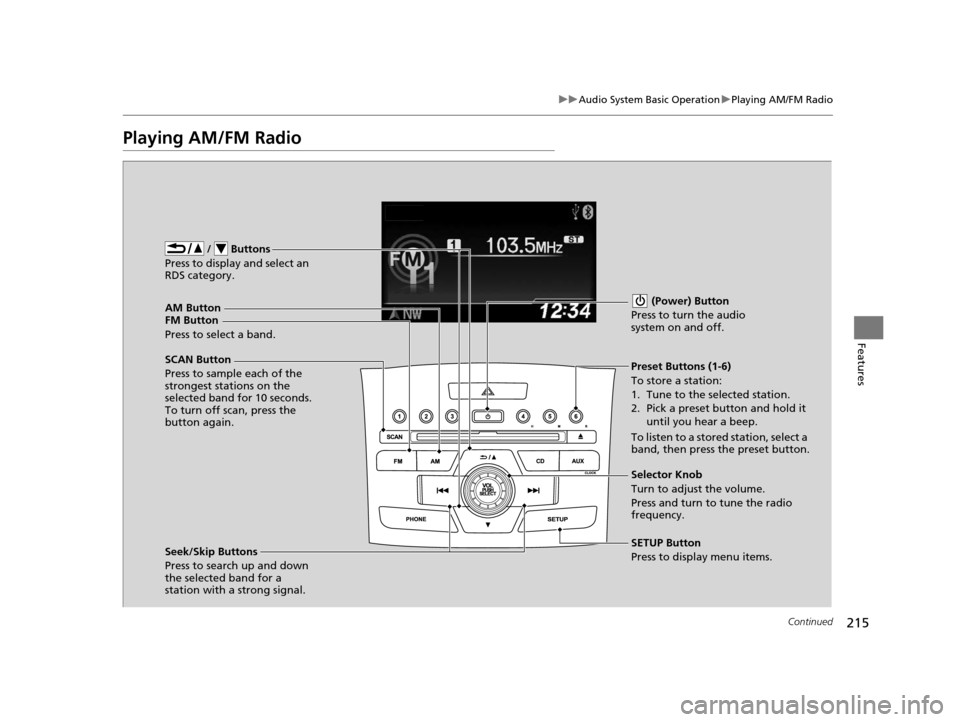 HONDA CR-V 2015 RM1, RM3, RM4 / 4.G Owners Manual 215
uuAudio System Basic Operation uPlaying AM/FM Radio
Continued
Features
Playing AM/FM Radio
FM Button / Buttons
Press to display and select an
RDS category.
SCAN Button
Press to sample each of HONDA CR-V 2015 RM1, RM3, RM4 / 4.G Owners Manual 215
uuAudio System Basic Operation uPlaying AM/FM Radio
Continued
Features
Playing AM/FM Radio
FM Button / Buttons
Press to display and select an
RDS category.
SCAN Button
Press to sample each of