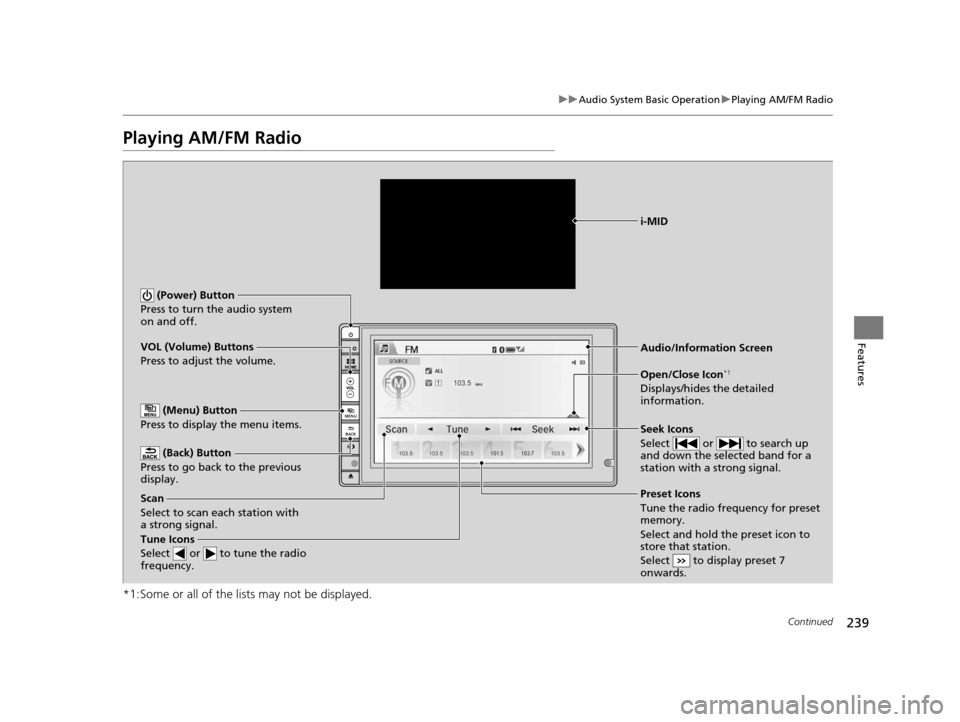 HONDA CR-V 2015 RM1, RM3, RM4 / 4.G Owners Manual 239
uuAudio System Basic Operation uPlaying AM/FM Radio
Continued
Features
Playing AM/FM Radio
*1:Some or all of the lists may not be displayed.
VOL (Volume) Buttons
Press to adjust the volume.
(Back HONDA CR-V 2015 RM1, RM3, RM4 / 4.G Owners Manual 239
uuAudio System Basic Operation uPlaying AM/FM Radio
Continued
Features
Playing AM/FM Radio
*1:Some or all of the lists may not be displayed.
VOL (Volume) Buttons
Press to adjust the volume.
(Back
