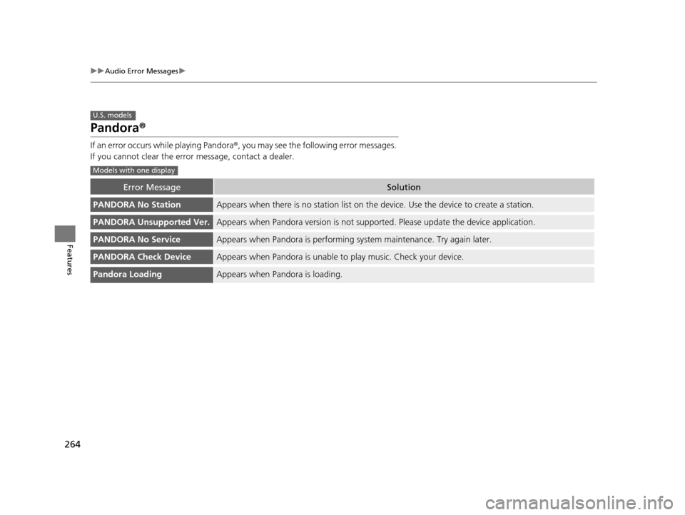 HONDA CR-V 2015 RM1, RM3, RM4 / 4.G Owners Manual 264
uuAudio Error Messages u
Features
Pandora®
If an error occurs while playing Pandora ®, you may see the following error messages.
If you cannot clear the error message, contact a dealer.
Error HONDA CR-V 2015 RM1, RM3, RM4 / 4.G Owners Manual 264
uuAudio Error Messages u
Features
Pandora®
If an error occurs while playing Pandora ®, you may see the following error messages.
If you cannot clear the error message, contact a dealer.
Error