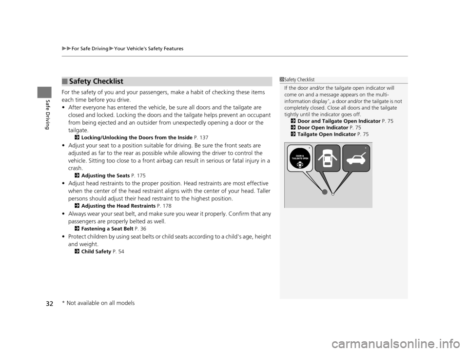 HONDA CR-V 2015 RM1, RM3, RM4 / 4.G Owners Manual uuFor Safe Driving uYour Vehicles Safety Features
32
Safe DrivingFor the safety of you and your passenge rs, make a habit of checking these items 
each time before you drive.
• After everyone has e