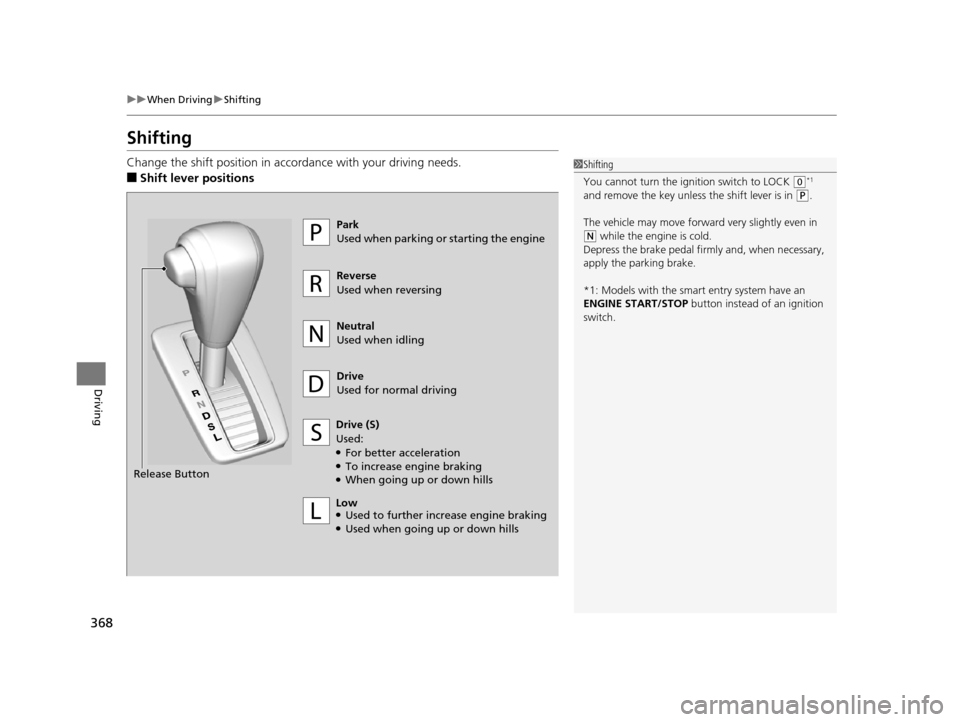 HONDA CR-V 2015 RM1, RM3, RM4 / 4.G Owners Manual 368
uuWhen Driving uShifting
Driving
Shifting
Change the shift position in accordance with your driving needs.
■Shift lever positions
1Shifting
You cannot turn the ignition switch to LOCK
(0*1
an HONDA CR-V 2015 RM1, RM3, RM4 / 4.G Owners Manual 368
uuWhen Driving uShifting
Driving
Shifting
Change the shift position in accordance with your driving needs.
■Shift lever positions
1Shifting
You cannot turn the ignition switch to LOCK
(0*1
an