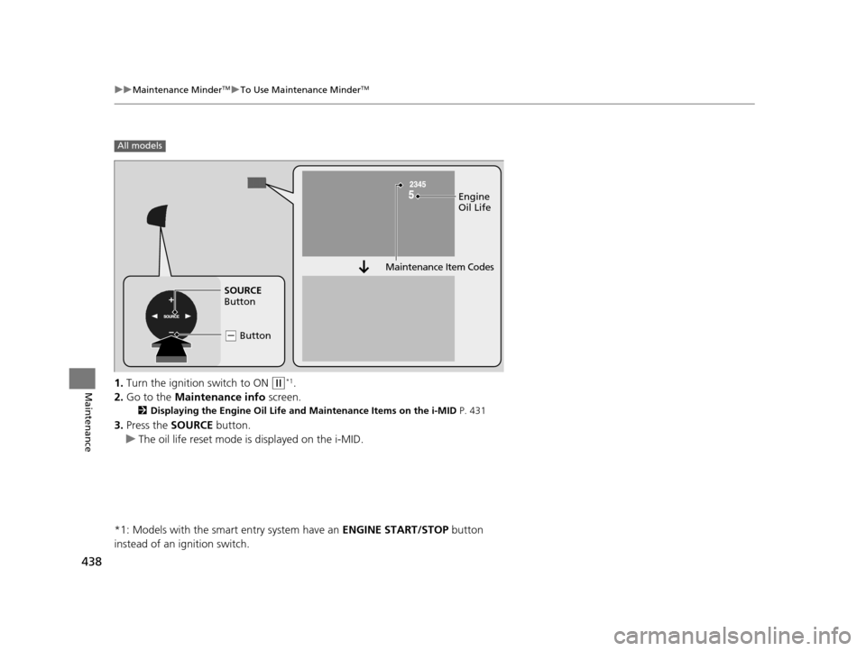 HONDA CR-V 2015 RM1, RM3, RM4 / 4.G Owners Manual 438
uuMaintenance MinderTMuTo Use Maintenance MinderTM
Maintenance1. Turn the ignition  switch to ON (w*1.
2. Go to the  Maintenance info screen.
2Displaying the Engine Oil Life and Maintenance Items 