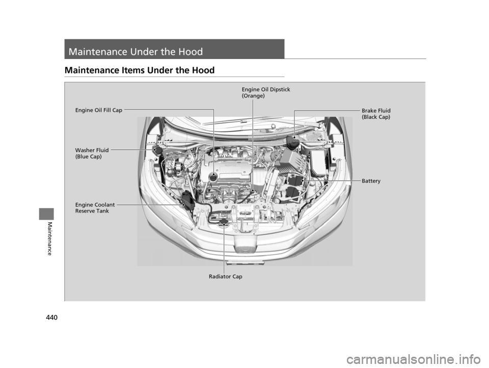 HONDA CR-V 2015 RM1, RM3, RM4 / 4.G Owners Manual 440
Maintenance
Maintenance Under the Hood
Maintenance Items Under the Hood
Brake Fluid 
(Black Cap)
Engine Coolant 
Reserve Tank Radiator Cap
Washer Fluid 
(Blue Cap)
Engine Oil Dipstick 
(Orange)
En