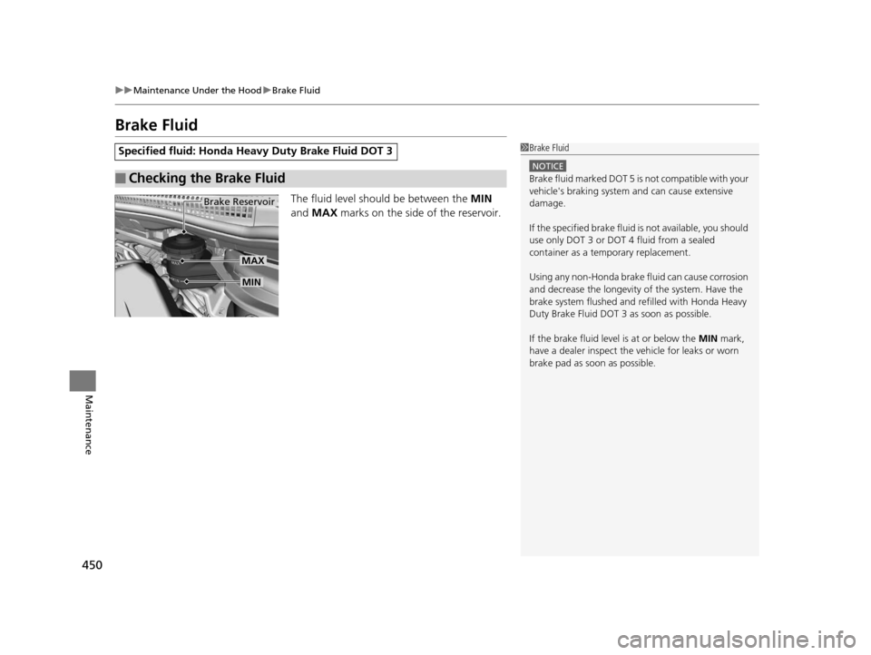 HONDA CR-V 2015 RM1, RM3, RM4 / 4.G Owners Manual 450
uuMaintenance Under the Hood uBrake Fluid
Maintenance
Brake Fluid
The fluid level should be between the  MIN 
and  MAX  marks on the side of the reservoir.
Specified fluid: Honda Heavy Duty Brake 