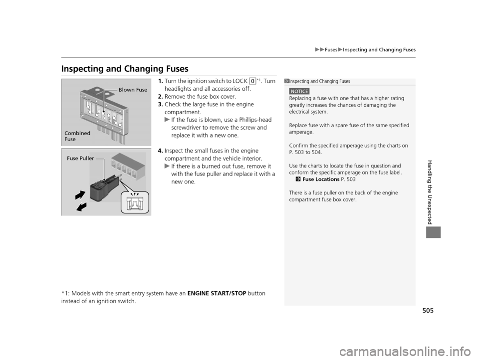 HONDA CR-V 2015 RM1, RM3, RM4 / 4.G Service Manual 505
uuFuses uInspecting and Changing Fuses
Handling the Unexpected
Inspecting and Changing Fuses
1. Turn the ignition switch to LOCK (0*1. Turn
headlights and all accessories off.
2. Remove the fuse HONDA CR-V 2015 RM1, RM3, RM4 / 4.G Service Manual 505
uuFuses uInspecting and Changing Fuses
Handling the Unexpected
Inspecting and Changing Fuses
1. Turn the ignition switch to LOCK (0*1. Turn
headlights and all accessories off.
2. Remove the fuse
