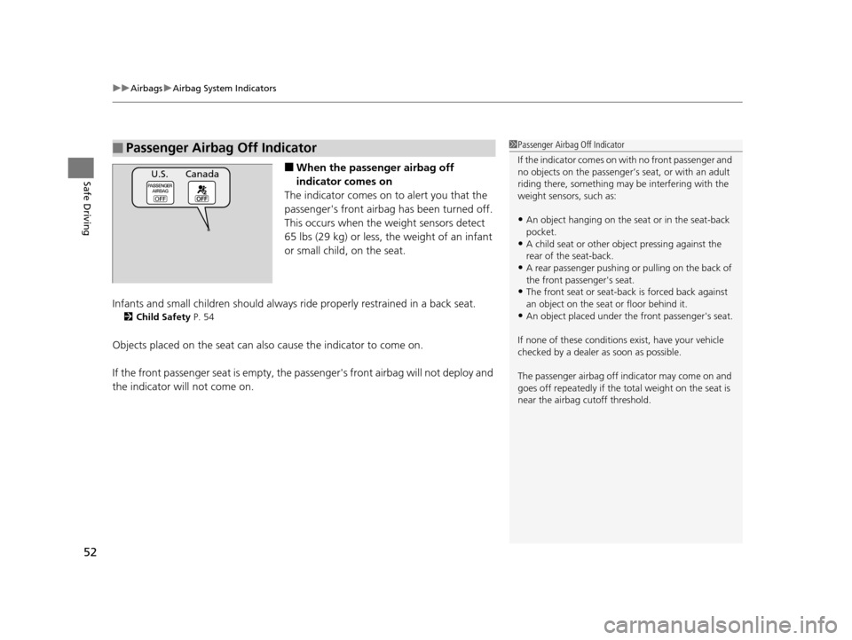 HONDA CR-V 2015 RM1, RM3, RM4 / 4.G Owners Manual uuAirbags uAirbag System Indicators
52
Safe Driving■When the passen ger airbag off 
indicator comes on
The indicator comes on  to alert you that the 
passengers front airbag  has been turned off.
T