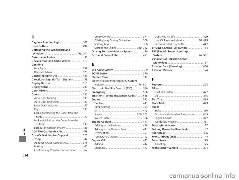 HONDA CR-V 2015 RM1, RM3, RM4 / 4.G Owners Manual 524
Index
D
Daytime Running Lights........................... 163
Dead Battery ............................................. 494
Defrosting the Windshield and  Windows ................................