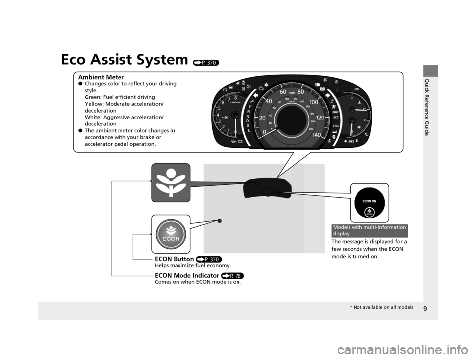 HONDA CR-V 2015 RM1, RM3, RM4 / 4.G Owners Manual 9
Quick Reference Guide
Eco Assist System (P 370)
Ambient Meter●Changes color to reflect your driving 
style.
Green: Fuel efficient driving
Yellow: Moderate acceleration/
deceleration
White: Aggress
