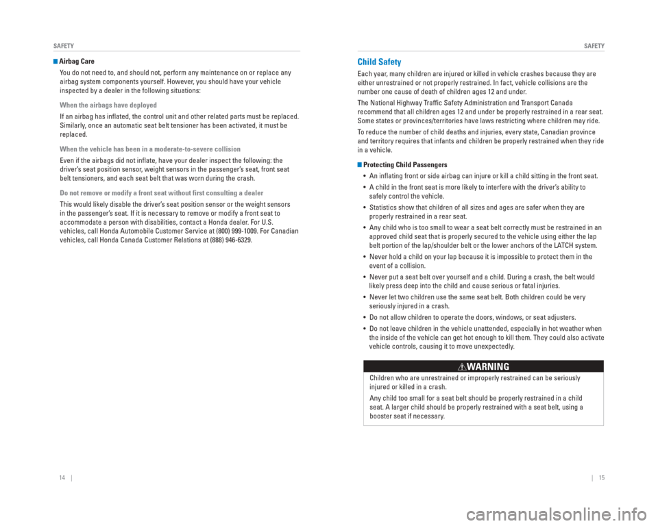 HONDA CR-V 2015 RM1, RM3, RM4 / 4.G Quick Guide 14    ||    15
       SAFETY
SAFETY
  Airbag Care
You do not need to, and should not, perform any maintenance on or replace\
 any 
airbag system components yourself. However, you should have your vehi