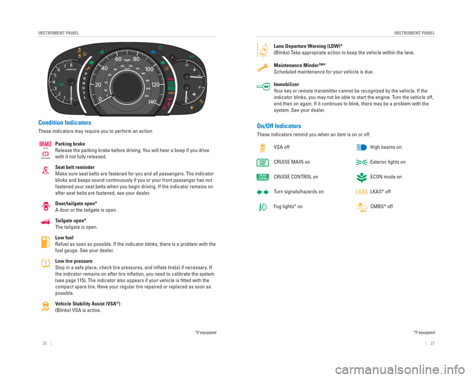 HONDA CR-V 2015 RM1, RM3, RM4 / 4.G Quick Guide 26 || 27
INSTRUMENT PANEL
INSTRUMENT PANEL
Condition Indicators
These indicators may require you to perform an action.
Parking brake
Release the parking brake before driving. You will HONDA CR-V 2015 RM1, RM3, RM4 / 4.G Quick Guide 26 || 27
INSTRUMENT PANEL
INSTRUMENT PANEL
Condition Indicators
These indicators may require you to perform an action.
Parking brake
Release the parking brake before driving. You will