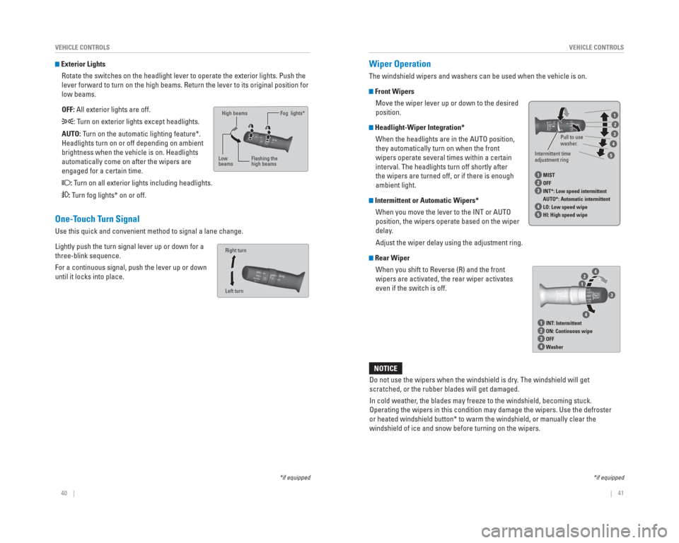 HONDA CR-V 2015 RM1, RM3, RM4 / 4.G Quick Guide 40 || 41
VEHICLE CONTROLS
VEHICLE CONTROLS
Wiper Operation
The windshield wipers and washers can be used when the vehicle is on.
Front Wipers
Move the wiper lever up or down to the d HONDA CR-V 2015 RM1, RM3, RM4 / 4.G Quick Guide 40 || 41
VEHICLE CONTROLS
VEHICLE CONTROLS
Wiper Operation
The windshield wipers and washers can be used when the vehicle is on.
Front Wipers
Move the wiper lever up or down to the d