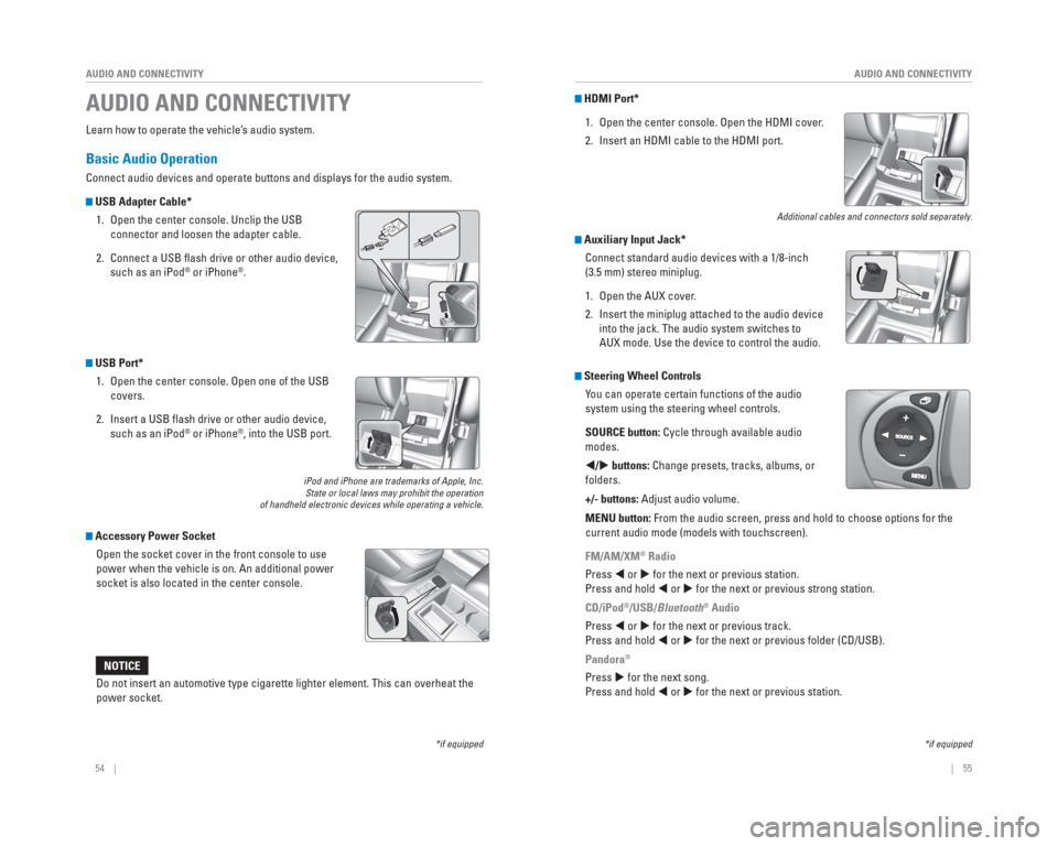 HONDA CR-V 2015 RM1, RM3, RM4 / 4.G Quick Guide 54    ||    55
       AUDIO AND CONNECTIVITY
AUDIO AND CONNECTIVITY
Learn how to operate the vehicle’s audio system.
Basic  Audio Operation
Connect audio devices and operate buttons and displays for