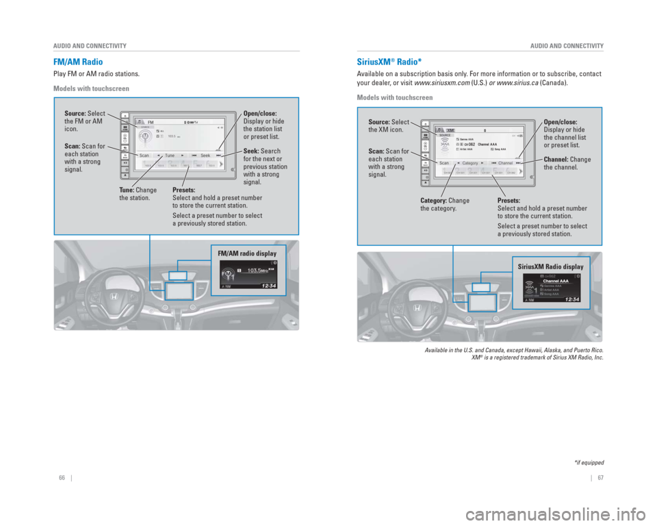 HONDA CR-V 2015 RM1, RM3, RM4 / 4.G Quick Guide 66 || 67
AUDIO AND CONNECTIVITY
AUDIO AND CONNECTIVITY
FM/AM Radio
Play FM or AM radio stations.
Models with touchscreen
FM/AM radio display
Source: Select
the FM or AM
icon.
Tune HONDA CR-V 2015 RM1, RM3, RM4 / 4.G Quick Guide 66 || 67
AUDIO AND CONNECTIVITY
AUDIO AND CONNECTIVITY
FM/AM Radio
Play FM or AM radio stations.
Models with touchscreen
FM/AM radio display
Source: Select
the FM or AM
icon.
Tune