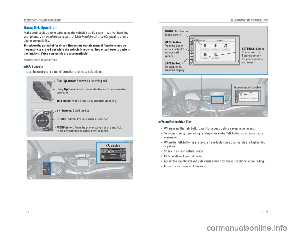 HONDA CR-V 2015 RM1, RM3, RM4 / 4.G Quick Guide 78    ||    79
       BLUETOOTH
® HANDSFREELINK®BLUETOOTH® HANDSFREELINK®
Basic HFL Operation
Make and receive phone calls using the vehicle’s audio system, without handling 
your phone. Visit h