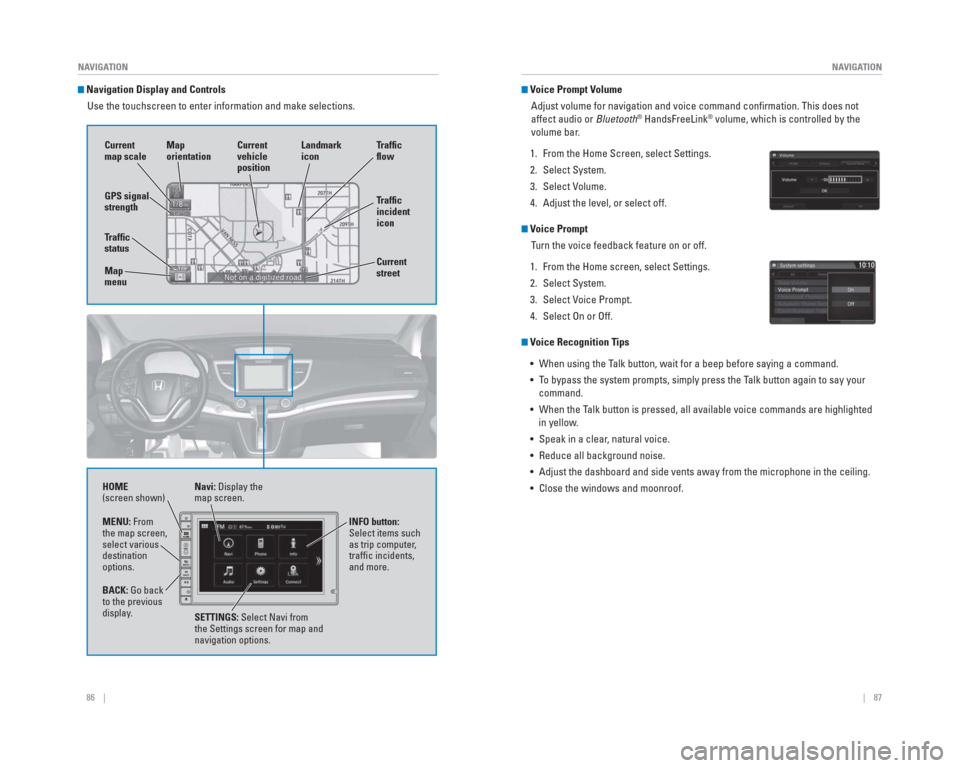 HONDA CR-V 2015 RM1, RM3, RM4 / 4.G Quick Guide 86    ||    87
       NAVIGATION
NAVIGATION
  Navigation  Display and Controls
Use the touchscreen to enter information and make selections. 
Navi: Display the 
map screen.
HOME
(screen shown)
INFO bu