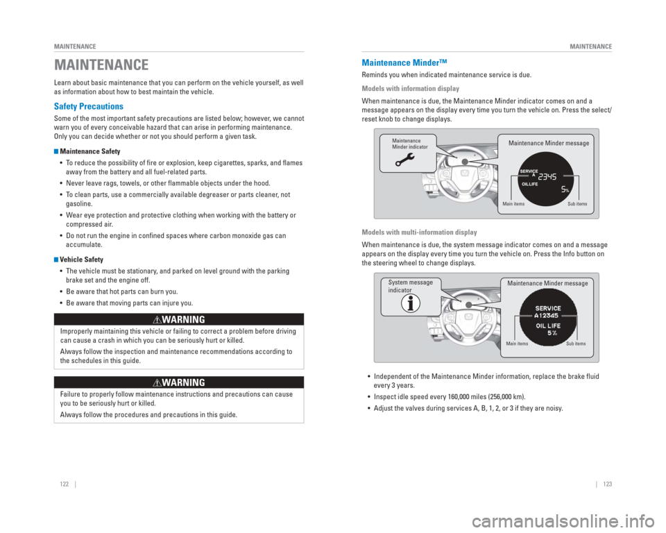 HONDA CR-V 2015 RM1, RM3, RM4 / 4.G Quick Guide 122    ||    123
       MAINTENANCE
MAINTENANCE
 Safety  Precautions
Some of the most important safety precautions are listed below; however, we cannot 
warn you of every conceivable hazard that can a