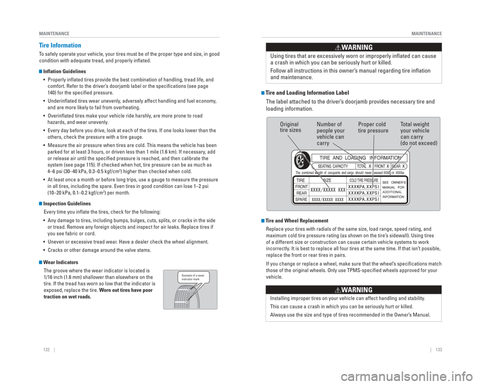 HONDA CR-V 2015 RM1, RM3, RM4 / 4.G Quick Guide 132    ||    133
       MAINTENANCE
MAINTENANCE
 Tire  Information
To safely operate your vehicle, your tires must be of the proper type and\
 size, in good 
condition with adequate tread, and properl