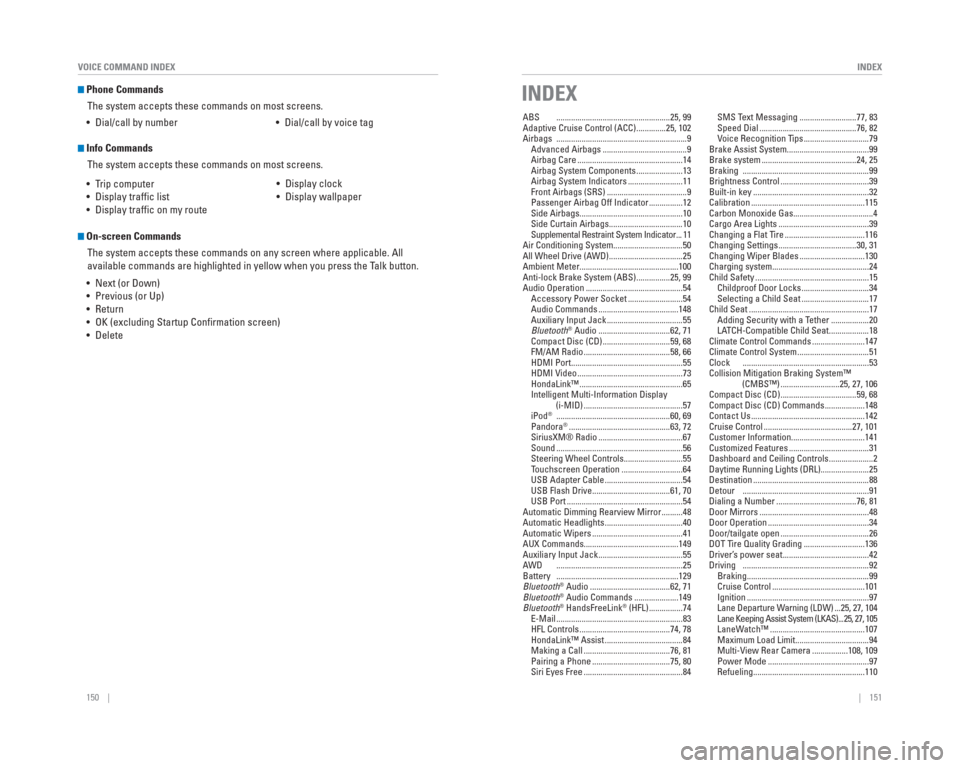 HONDA CR-V 2015 RM1, RM3, RM4 / 4.G Quick Guide 150    ||    151
       INDEX
VOICE COMMAND INDEX
  Phone Commands
The system accepts these commands on most screens.
•  Dial/call by number •  Dial/call by voice tag
  Info Commands
The system ac