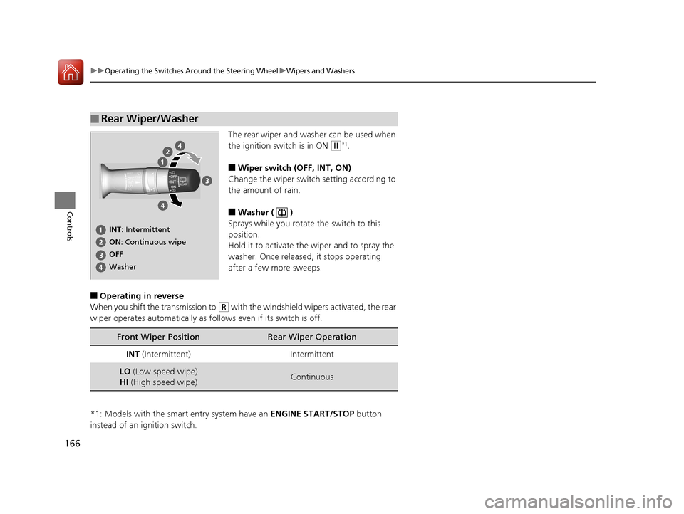 HONDA CR-V 2016 RM1, RM3, RM4 / 4.G Service Manual 166
uuOperating the Switches Around the Steering Wheel uWipers and Washers
Controls
The rear wiper and washer can be used when
the ignition switch is in ON
(w*1.
■Wiper switch (OFF, INT, ON)
Chang HONDA CR-V 2016 RM1, RM3, RM4 / 4.G Service Manual 166
uuOperating the Switches Around the Steering Wheel uWipers and Washers
Controls
The rear wiper and washer can be used when
the ignition switch is in ON
(w*1.
■Wiper switch (OFF, INT, ON)
Chang