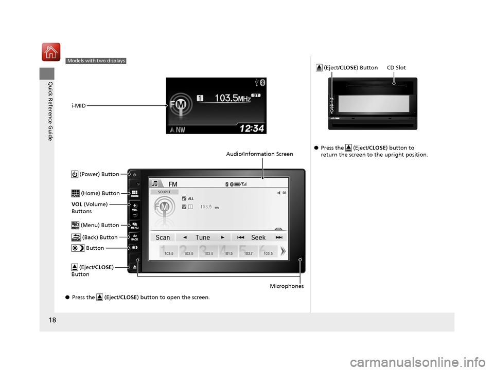 HONDA CR-V 2016 RM1, RM3, RM4 / 4.G User Guide 18
Quick Reference Guide
●Press the   (Eject/ CLOSE) button to open the screen.
Models with two displays
i-MID
 (Power) Button
 (Home) Button
VOL  (Volume) 
Buttons
 (Menu) Button
 (Back) Button
 (E