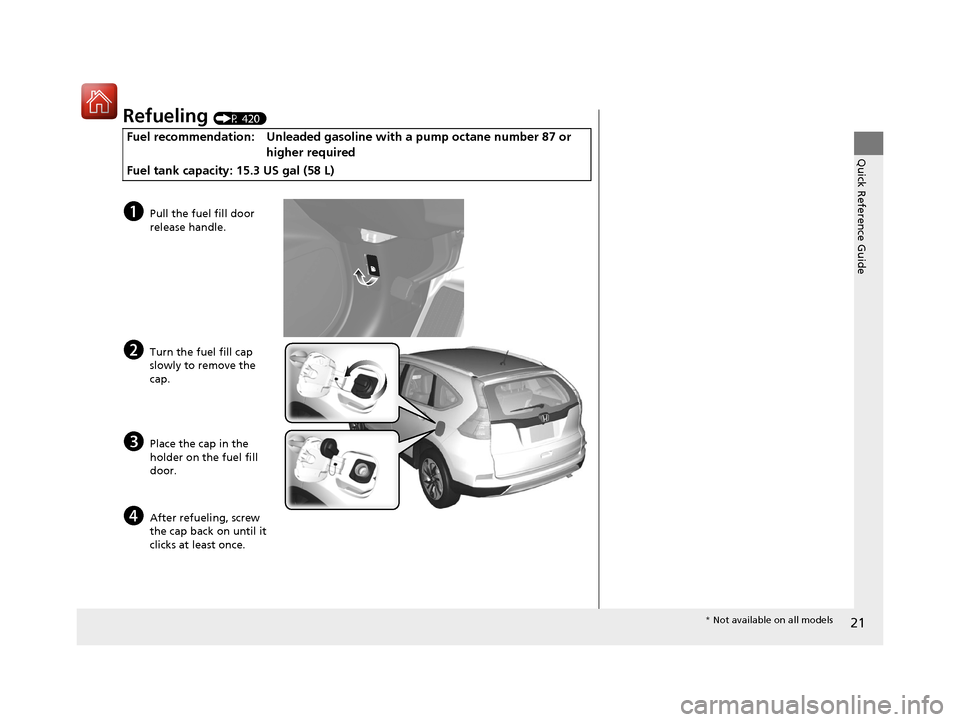 HONDA CR-V 2016 RM1, RM3, RM4 / 4.G Owners Manual 21
Quick Reference Guide
Refueling (P 420)
Fuel recommendation: Unleaded gasoline with a pump octane number 87 or
higher required
Fuel tank capacity: 15.3 US gal (58 L)
aPull the fuel fill door
rele HONDA CR-V 2016 RM1, RM3, RM4 / 4.G Owners Manual 21
Quick Reference Guide
Refueling (P 420)
Fuel recommendation: Unleaded gasoline with a pump octane number 87 or
higher required
Fuel tank capacity: 15.3 US gal (58 L)
aPull the fuel fill door
rele