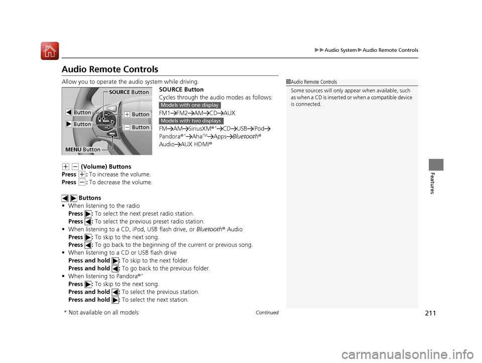 HONDA CR-V 2016 RM1, RM3, RM4 / 4.G Owners Manual 211
uuAudio System uAudio Remote Controls
Continued
Features
Audio Remote Controls
Allow you to operate the au dio system while driving.
SOURCE Button
Cycles through the audio modes as follows:
FM1 FM