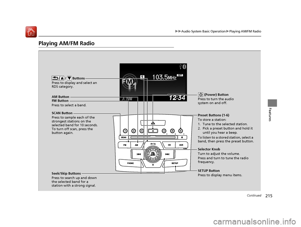 HONDA CR-V 2016 RM1, RM3, RM4 / 4.G User Guide 215
uuAudio System Basic Operation uPlaying AM/FM Radio
Continued
Features
Playing AM/FM Radio
FM Button  /   Buttons
Press to display and select an 
RDS category.
SCAN Button
Press to sample each of 