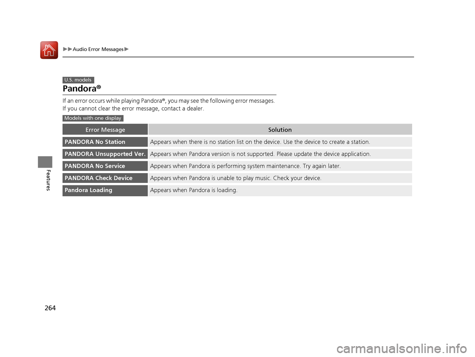 HONDA CR-V 2016 RM1, RM3, RM4 / 4.G Manual PDF 264
uuAudio Error Messages u
Features
Pandora®
If an error occurs while playing Pandora ®, you may see the following error messages. 
If you cannot clear the error  message, contact a dealer.
Error 