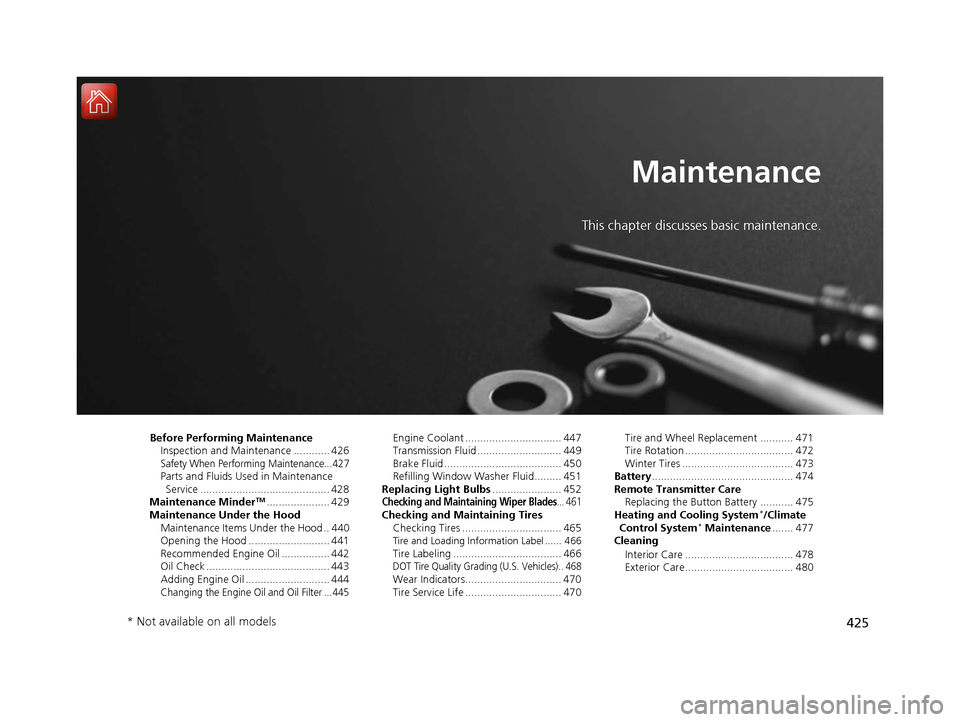 HONDA CR-V 2016 RM1, RM3, RM4 / 4.G Owners Manual 425
Maintenance
This chapter discusses basic maintenance.
Before Performing MaintenanceInspection and Maintenance ............ 426
Safety When Performing Maintenance...427Parts and Fluids Used in Main