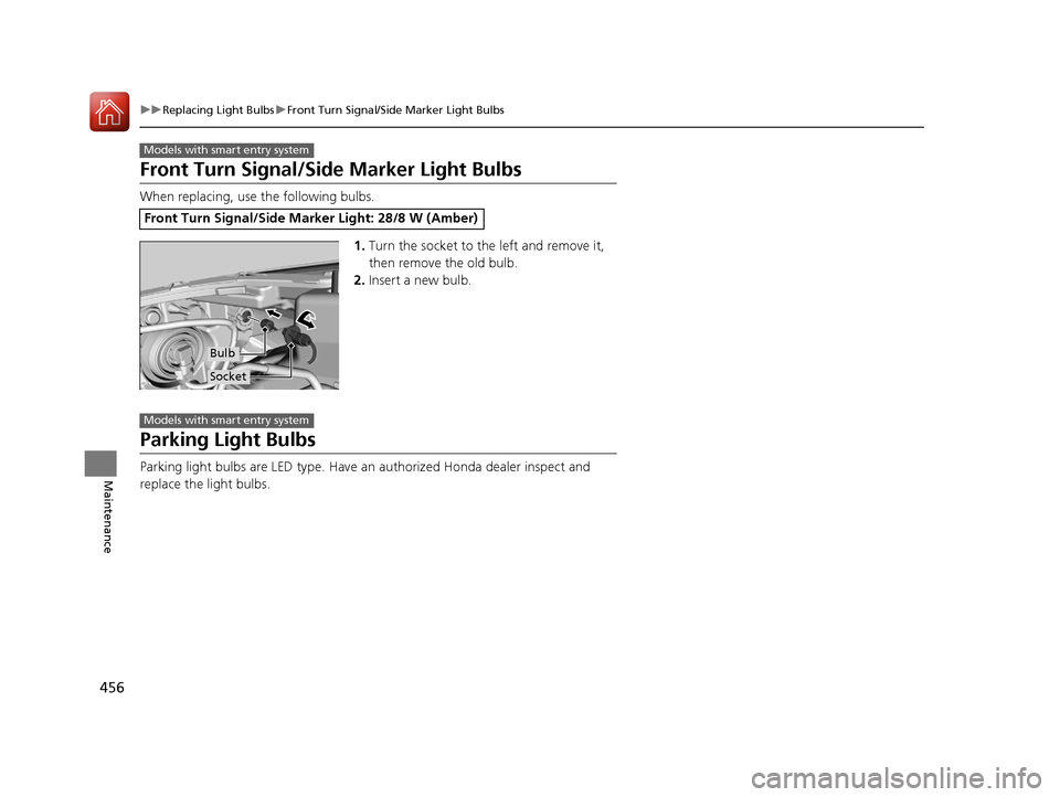 HONDA CR-V 2016 RM1, RM3, RM4 / 4.G Owners Manual 456
uuReplacing Light Bulbs uFront Turn Signal/Side Marker Light Bulbs
Maintenance
Front Turn Signal/Side Marker Light Bulbs
When replacing, use the following bulbs.
1.Turn the socket to the left and 