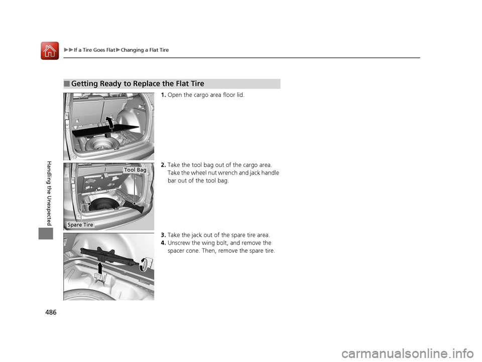 HONDA CR-V 2016 RM1, RM3, RM4 / 4.G User Guide 486
uuIf a Tire Goes Flat uChanging a Flat Tire
Handling the Unexpected
1. Open the cargo area floor lid.
2. Take the tool bag out of the cargo area.
Take the wheel nut wrench and jack handle
bar ou HONDA CR-V 2016 RM1, RM3, RM4 / 4.G User Guide 486
uuIf a Tire Goes Flat uChanging a Flat Tire
Handling the Unexpected
1. Open the cargo area floor lid.
2. Take the tool bag out of the cargo area.
Take the wheel nut wrench and jack handle
bar ou