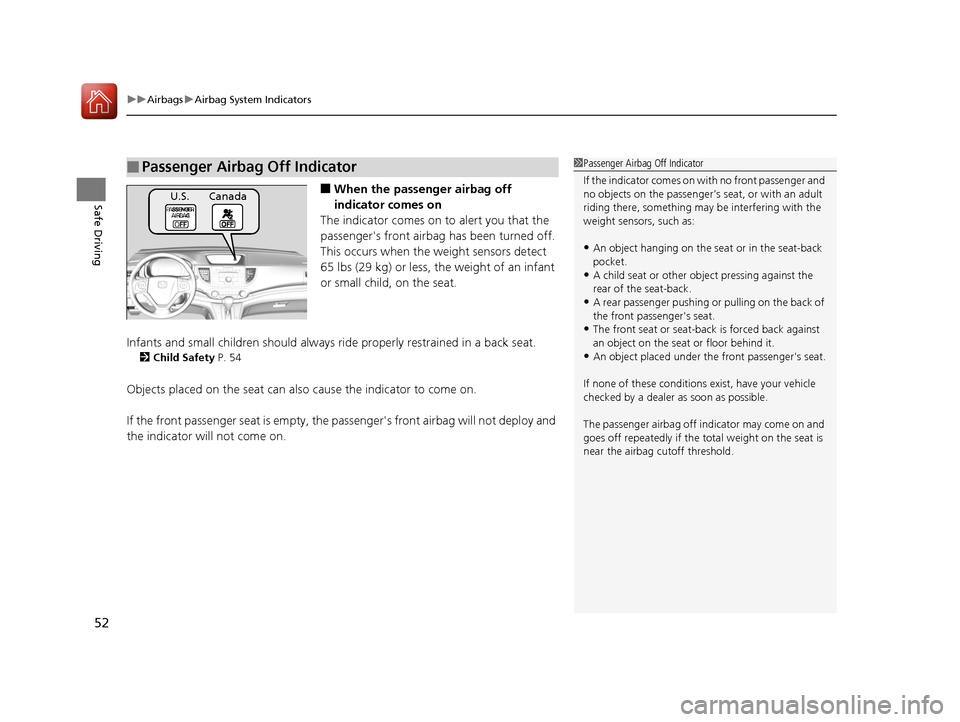 HONDA CR-V 2016 RM1, RM3, RM4 / 4.G Owners Manual uuAirbags uAirbag System Indicators
52
Safe Driving■When the passen ger airbag off 
indicator comes on
The indicator comes on  to alert you that the 
passengers front airbag  has been turned off.
T