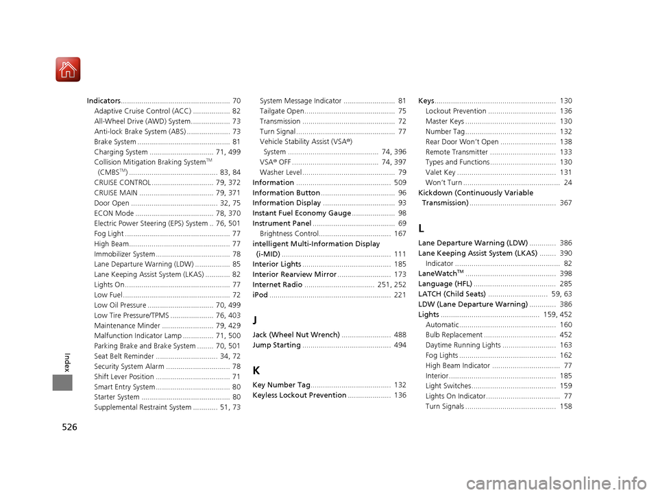 HONDA CR-V 2016 RM1, RM3, RM4 / 4.G Owners Manual 526
Index
Indicators.....................................................  70
Adaptive Cruise Control (ACC) ..................  82
All-Wheel Drive (AWD) System...................  73
Anti-lock Brake S