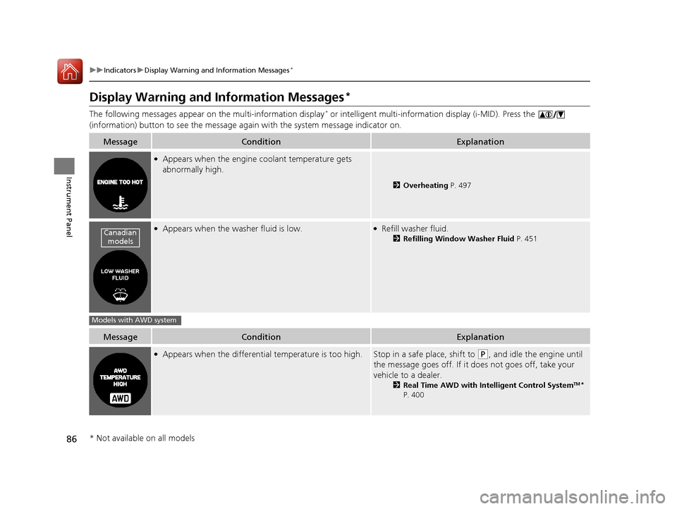 HONDA CR-V 2016 RM1, RM3, RM4 / 4.G Owners Manual 86
uuIndicators uDisplay Warning and Information Messages*
Instrument Panel
Display Warning and Information Messages*
The following messages appear on the multi-information display* or intelligent mu HONDA CR-V 2016 RM1, RM3, RM4 / 4.G Owners Manual 86
uuIndicators uDisplay Warning and Information Messages*
Instrument Panel
Display Warning and Information Messages*
The following messages appear on the multi-information display* or intelligent mu