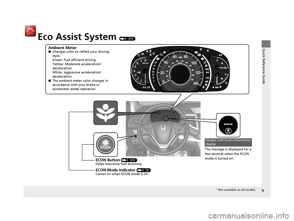 HONDA CR-V 2016 RM1, RM3, RM4 / 4.G Owners Manual 9
Quick Reference Guide
Eco Assist System (P 370)
Ambient Meter●Changes color to reflect your driving 
style.
Green: Fuel efficient driving
Yellow: Moderate acceleration/
deceleration
White: Aggress