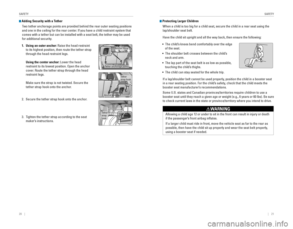 HONDA CR-V 2016 RM1, RM3, RM4 / 4.G Quick Guide 20    ||    21
       S
AFETYSAFETY
 Adding Security with a Tether
Two tether anchorage points are provided behind the rear outer seating positions 
and one in the ceil
