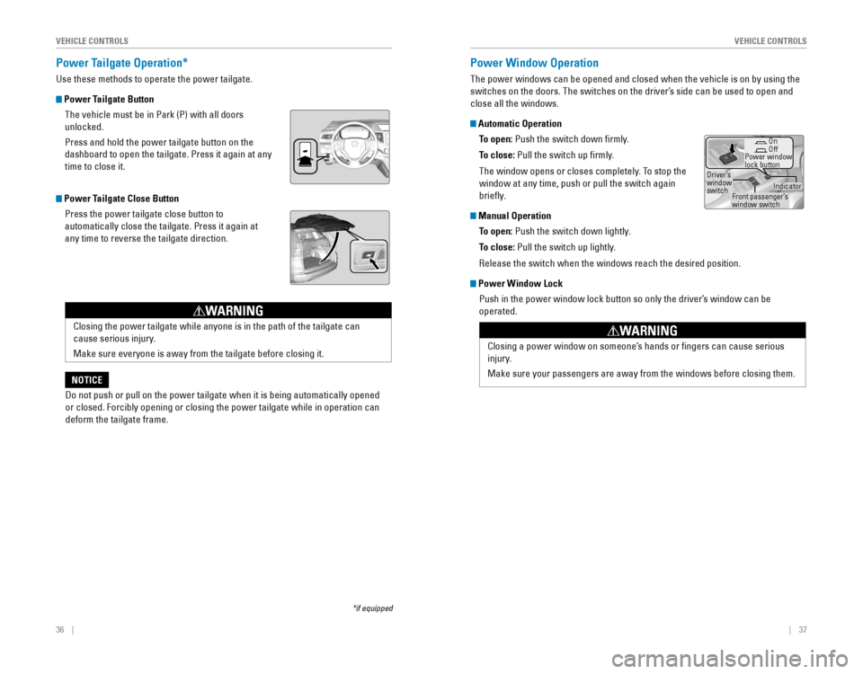 HONDA CR-V 2016 RM1, RM3, RM4 / 4.G Quick Guide 36    ||    37
       V
EHICLE CONTROLSVEHICLE CONTROLS
Power Tailgate Operation*
Use these methods to operate the power tailgate.
 Power Tailgate Button
The vehicle must be in Park�