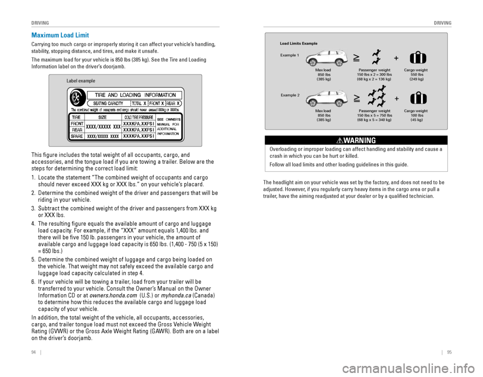 HONDA CR-V 2016 RM1, RM3, RM4 / 4.G Quick Guide 94    ||    95
       DRIVING
DRIVING
Maximum Load Limit
Carrying too much cargo or improperly storing it can affect your vehicle\
’s handling, 
stability, stopping distance, and tir