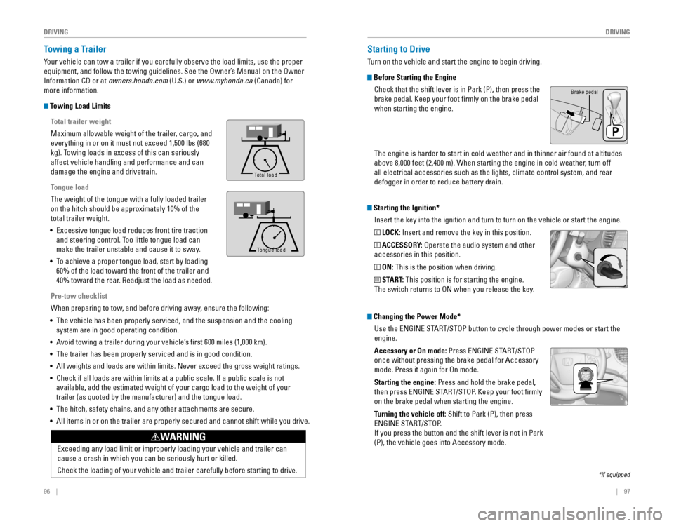 HONDA CR-V 2016 RM1, RM3, RM4 / 4.G Quick Guide 96    ||    97
       DRIVING
DRIVING
Exceeding any load limit or improperly loading your vehicle and trailer can 
cause a crash in which you can be ser