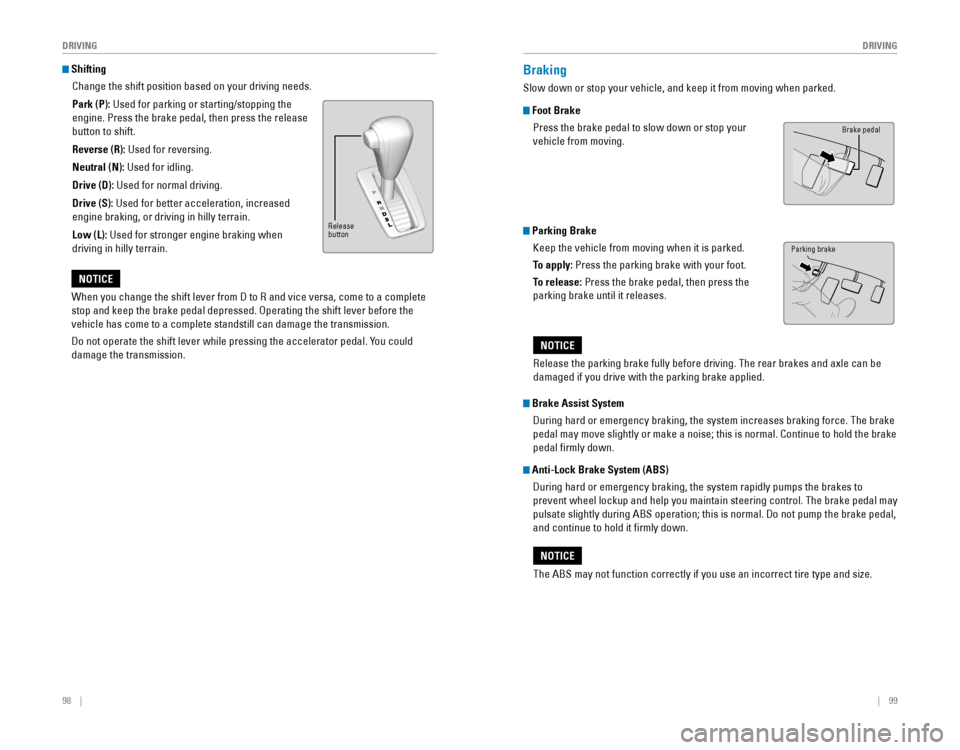 HONDA CR-V 2016 RM1, RM3, RM4 / 4.G Quick Guide 98    ||    99
       DRIVING
DRIVING
 Shifting
Change the shift position based on your driving needs.
Park (P): Used for parking or starting/stopping the 
engine. Press�