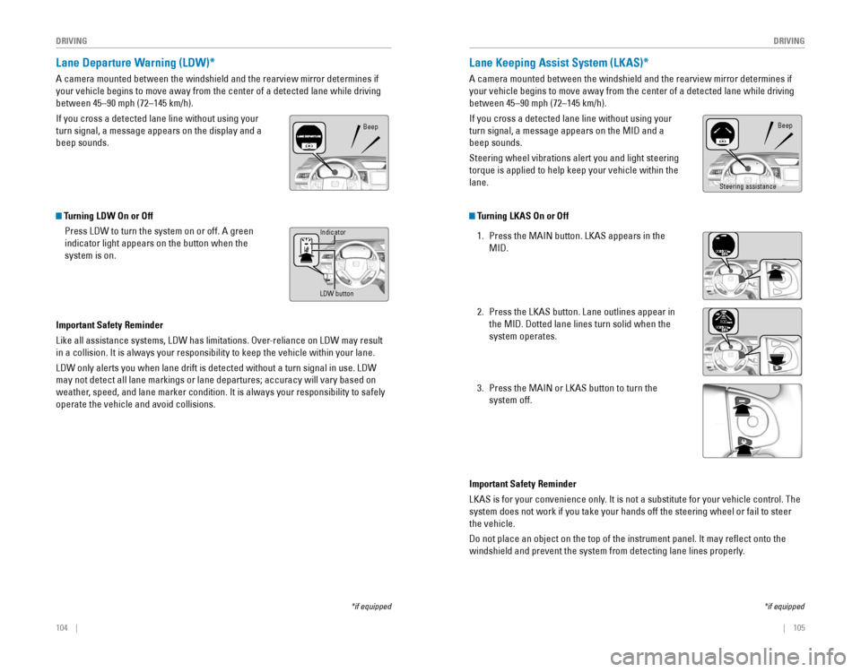 HONDA CR-V 2016 RM1, RM3, RM4 / 4.G Quick Guide 104    ||    105
       DRIVING
DRIVING
Lane Departure Warning (LDW)*
A camera mounted between the windshield and the rearview mirror determines if 
your vehicle be