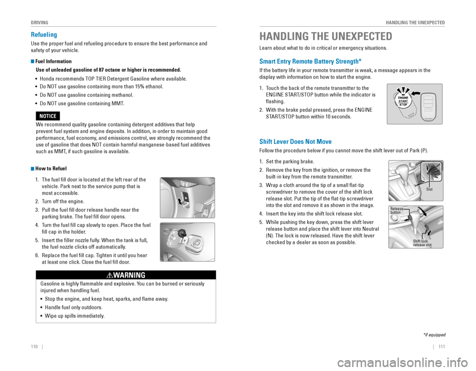 HONDA CR-V 2016 RM1, RM3, RM4 / 4.G Quick Guide 110    ||    111
       HANDLING THE UNEXPECTED
DRIVING
Refueling
Use the proper fuel and refueling procedure to ensure the best performance and 
safety of your vehicle.
 Fue