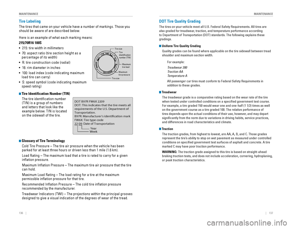 HONDA CR-V 2016 RM1, RM3, RM4 / 4.G Quick Guide 136    ||    137
       MAINTENANCE
MAINTENANCE
Tire Labeling
The tires that came on your vehicle have a number of markings. Those you 
should be aware of a