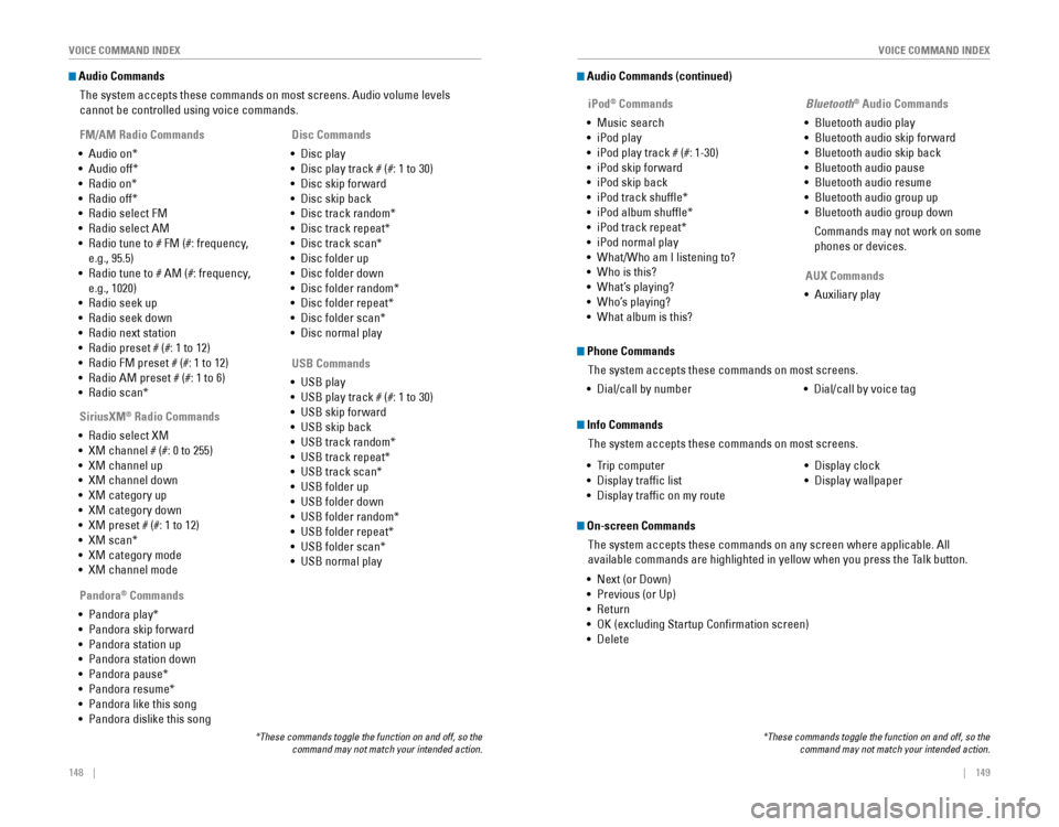 HONDA CR-V 2016 RM1, RM3, RM4 / 4.G Quick Guide 148    ||    149
       VOICE COMMAND INDEX
VOICE COMMAND INDEX
 Audio Commands
The system accepts these commands on most screens. Audio volume levels 
cannot be controlled using