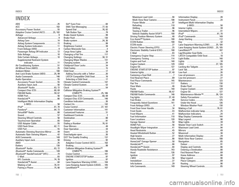 HONDA CR-V 2016 RM1, RM3, RM4 / 4.G Quick Guide 150    ||    151
       INDEX
INDEX
INDEX
ABS  .............................................................25ACC  ...........................................................102
Accessory Power Socket