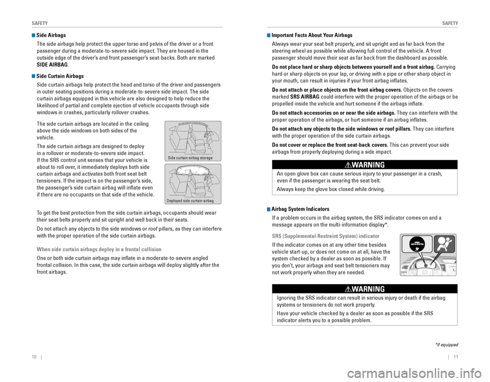 HONDA CR-V 2016 RM1, RM3, RM4 / 4.G Quick Guide 10    ||    11
       S
AFETYSAFETY
 Side Airbags
The side airbags help protect the upper torso and pelvis of the driver or a front 
passenger during a moderate-to-seve
