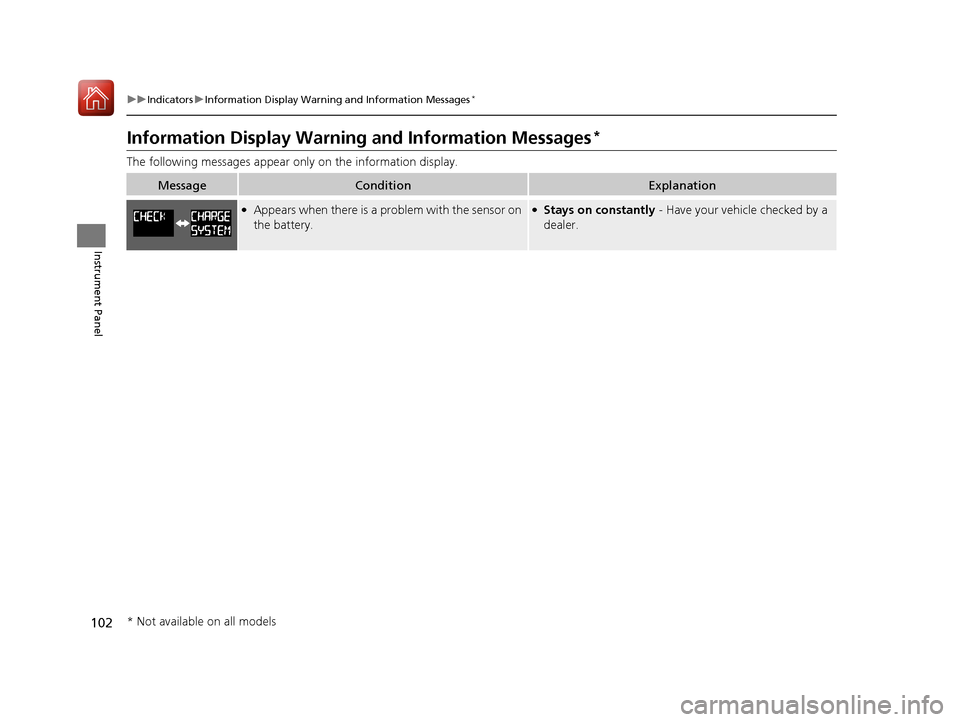 HONDA CR-V 2017 RM1, RM3, RM4 / 4.G Owners Manual 102
uuIndicators uInformation Display Warning and Information Messages*
Instrument Panel
Information Display Warning and Information Messages*
The following messages appear on ly on the information di HONDA CR-V 2017 RM1, RM3, RM4 / 4.G Owners Manual 102
uuIndicators uInformation Display Warning and Information Messages*
Instrument Panel
Information Display Warning and Information Messages*
The following messages appear on ly on the information di
