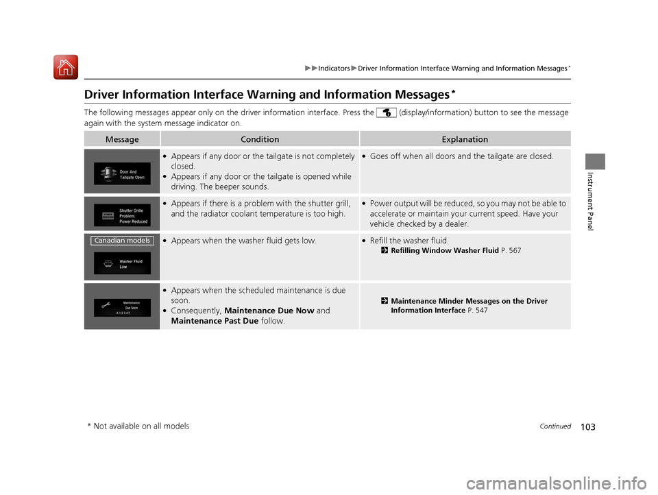 HONDA CR-V 2017 RM1, RM3, RM4 / 4.G Owners Manual 103
uuIndicators uDriver Information Interface Wa rning and Information Messages*
Continued
Instrument Panel
Driver Information Interface Warning and Information Messages*
The following messages appea
