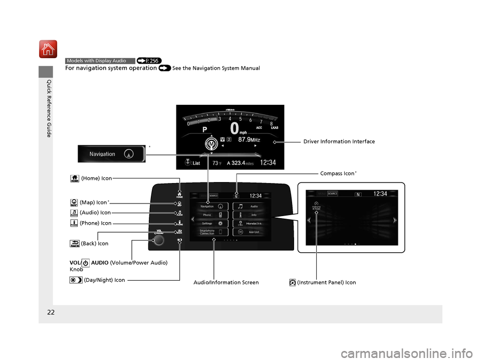 HONDA CR-V 2017 RM1, RM3, RM4 / 4.G Owners Manual 22
Quick Reference Guide
 (P256)
For navigation system operation () See the Navigation System Manual
Models with Display Audio
 (Audio) Icon
 (Back) Icon
Audio/Information Screen Driver Information In